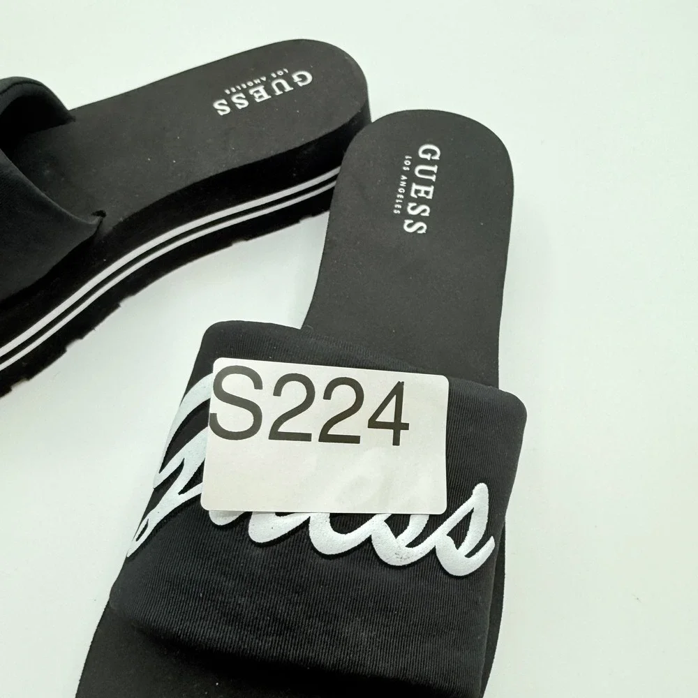 Guess Slide Sandals Womens 8 Black Script Logo Striped Foam Platform Y2K